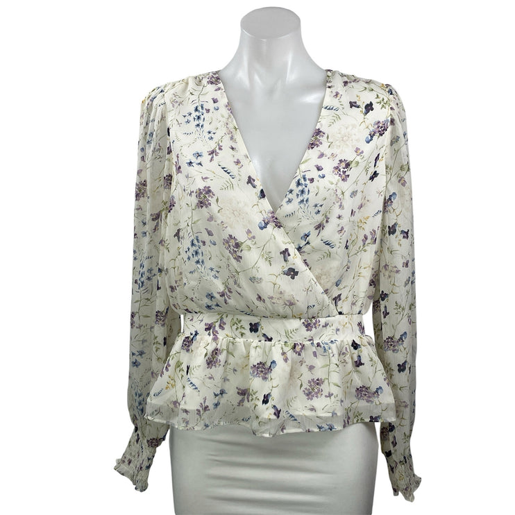 NEW Express Women's White Floral Long Sleeve V Neck Peplum Blouse Top Size M
