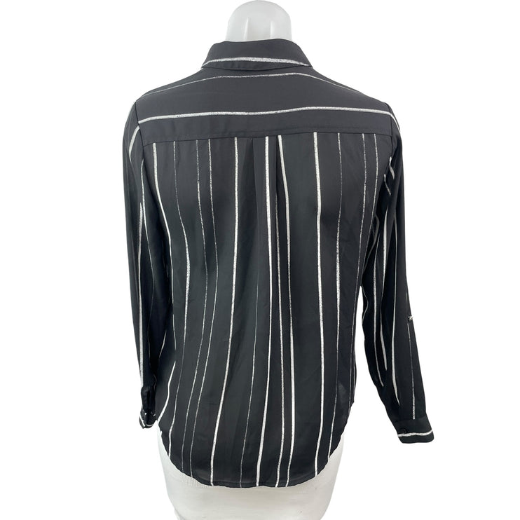 Apt. 9 Women's Black Stripe Collared Long Sleeve Button Down Shirt Top XS Petite