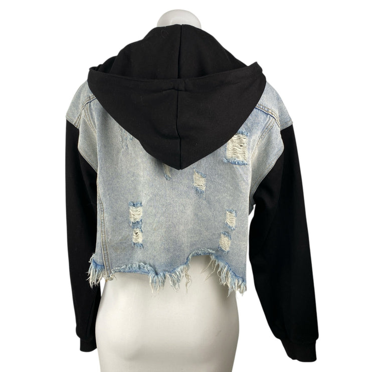 Dance & Marvel Blue Black Hoodie Hooded Distressed Crop Denim Jean Jacket Size S