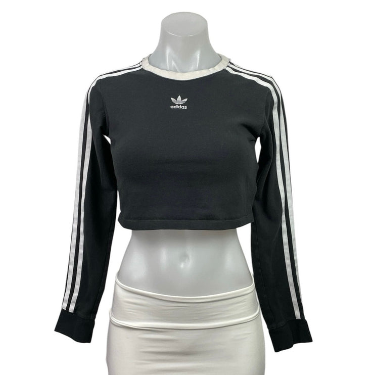 Adidas Women's Black White Striped Trefoil Logo Long Sleeve Crew Neck Crop Top M