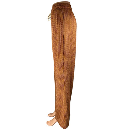 Zara Brown Striped Elastic Waist Drawstring Wide Leg Trousers Lounge Pants Sz L