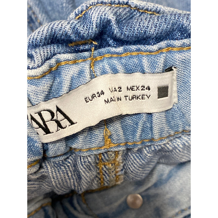 Zara Women's Blue High Waist Wide Tapered Barrel Paperbag Denim Jeans Pants 34