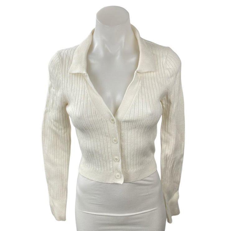 Emory Park Women's Cream Ivory Ribbed Knit Cropped Button Up Cardigan Top Size M