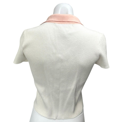 Sophie Rue White Pink Rib Knit Button Collar Short Sleeve Crop Polo Blouse Top M