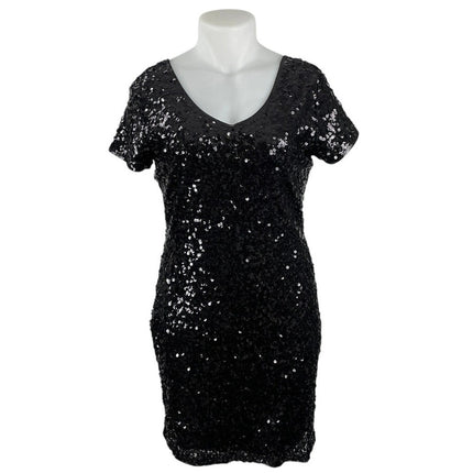 Maner Women's Black Sequin V Neck Short Sleeve Mini Sheath Bodycon Dress Sz XL