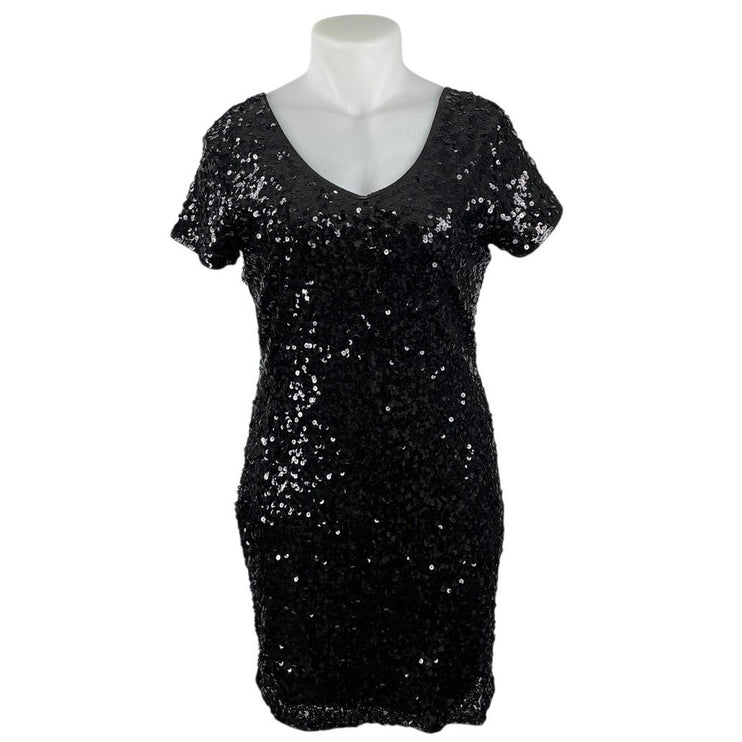 Maner Women's Black Sequin V Neck Short Sleeve Mini Sheath Bodycon Dress Sz XL