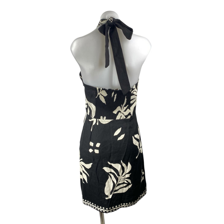 Ann Taylor LOFT Black White Linen Leaf Halter Sleeveless A Line Mini Dress Sz 4