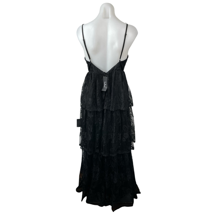 NEW Lulus Tier I Go Black Lace V Neck Sleeveless Tiered Maxi Prom Dress Size M