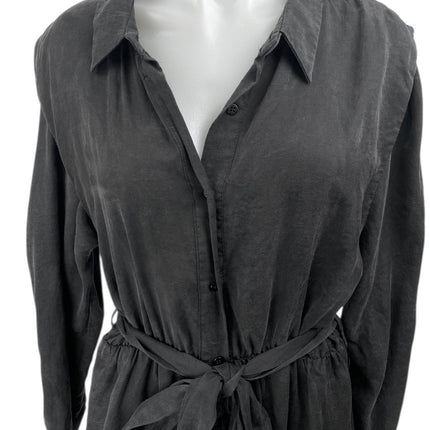 black shirt dress zara Zara Black Long Sleeve Tie Waist Collared Button Down Mini Shirt Dress Size XL