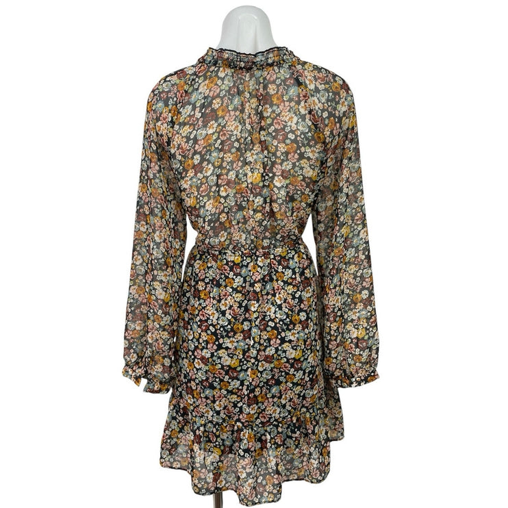 Zara Women's Multicolor Floral Ruffles Belted Long Sleeve Mini A-Line Dress Sz L