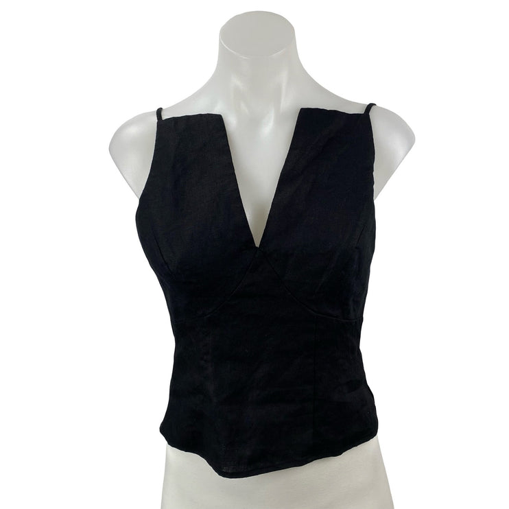 Reformation Evette Black 100% Linen V Neck Sleeveless Cami Tank Crop Top Size 2