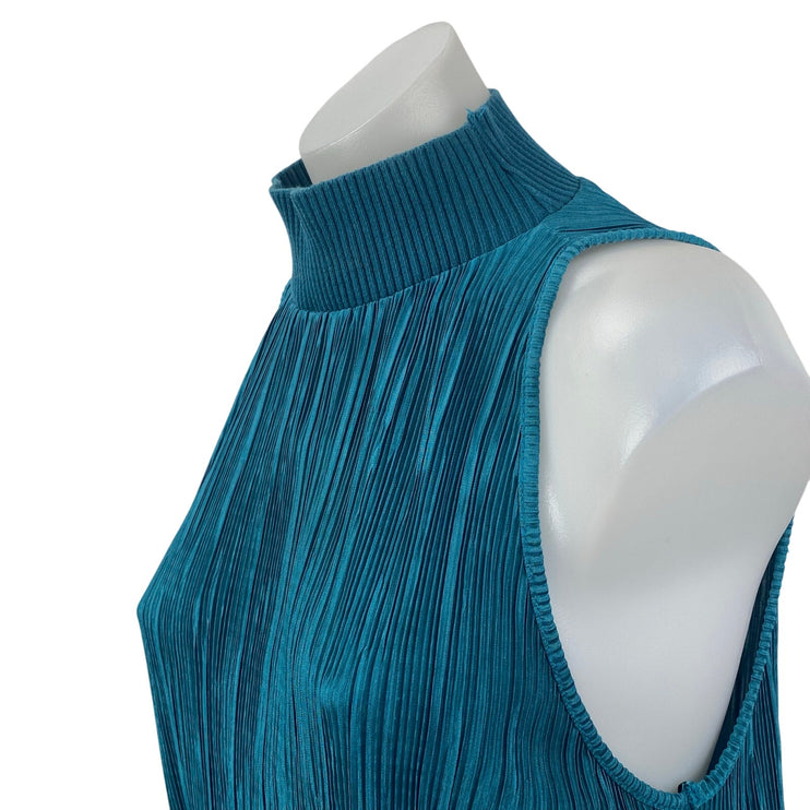 Zara Women's Blue Pleated Knit Plisse Turtleneck Sleeveless Blouse Top Size M