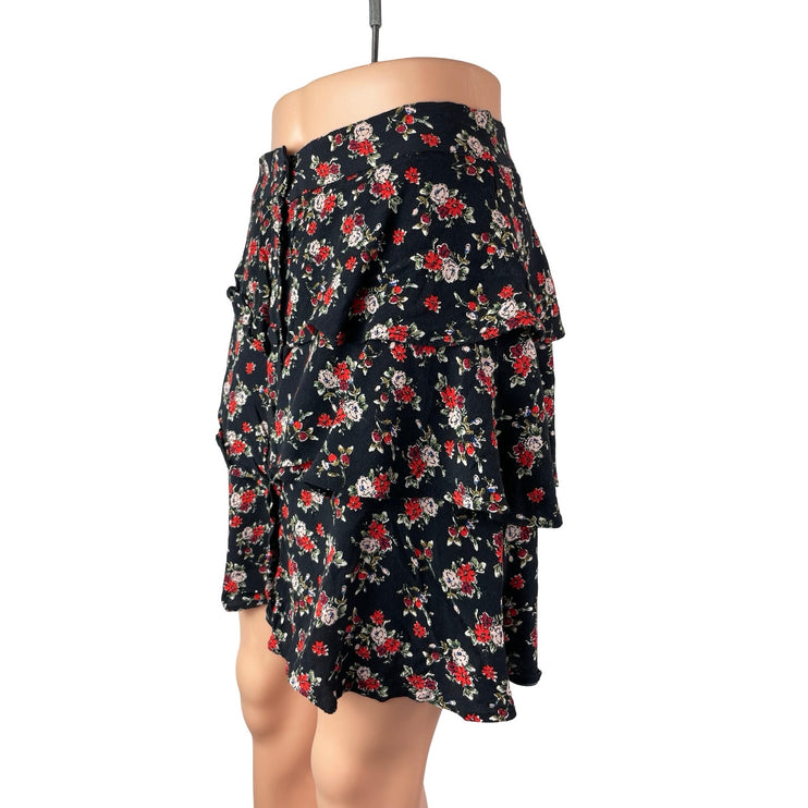 Zara Black Red Floral High Waisted Button Ruffle Tiered A Line Mini Skirt Size M