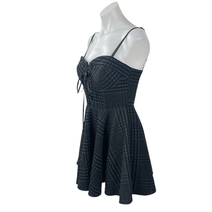 Vock Black Plaid Sleeveless Sweetheart Lace Up Mini Cami Flare A-Line Dress Sz S