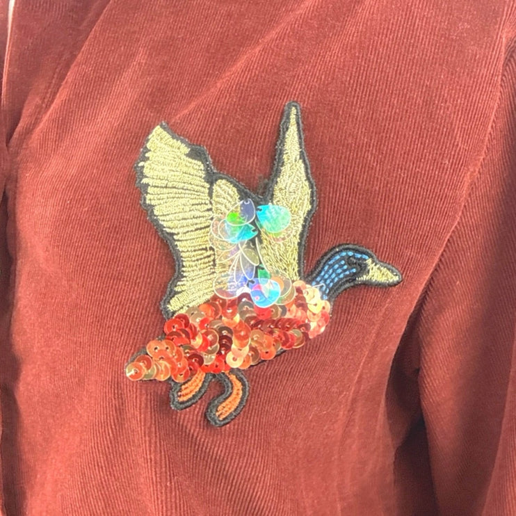 Beymen Club Red Maroon Corduroy Sequin Embroidered Duck Button Up Shirt Size XS