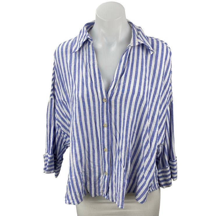 Zara Women's Blue Striped Long Sleeve V Neck Button Down Blouse Shirt Top Size M