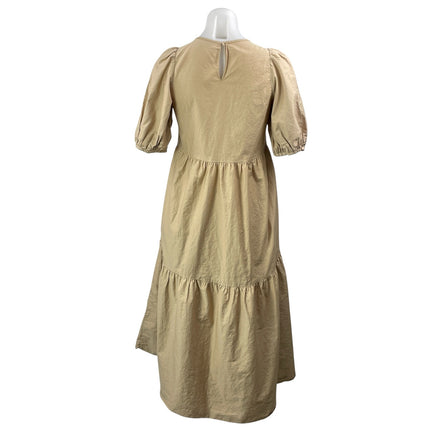Zara Beige Short Puff Sleeves Tiered Smocked Asymmetric Hem Midi Poplin Dress S
