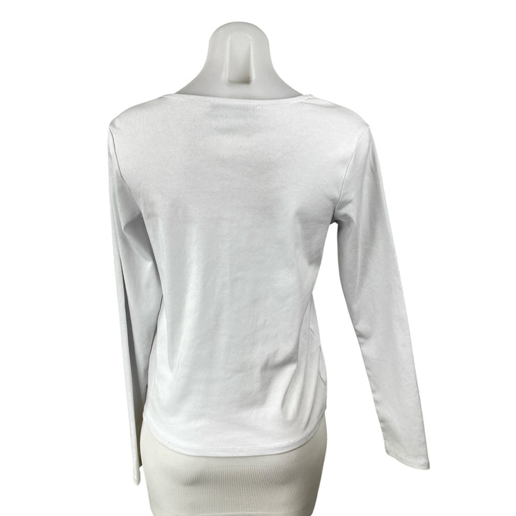 NEW MNG Mango Women's White Twist Front Deep V Neck Long Sleeve Blouse Top Sz XL