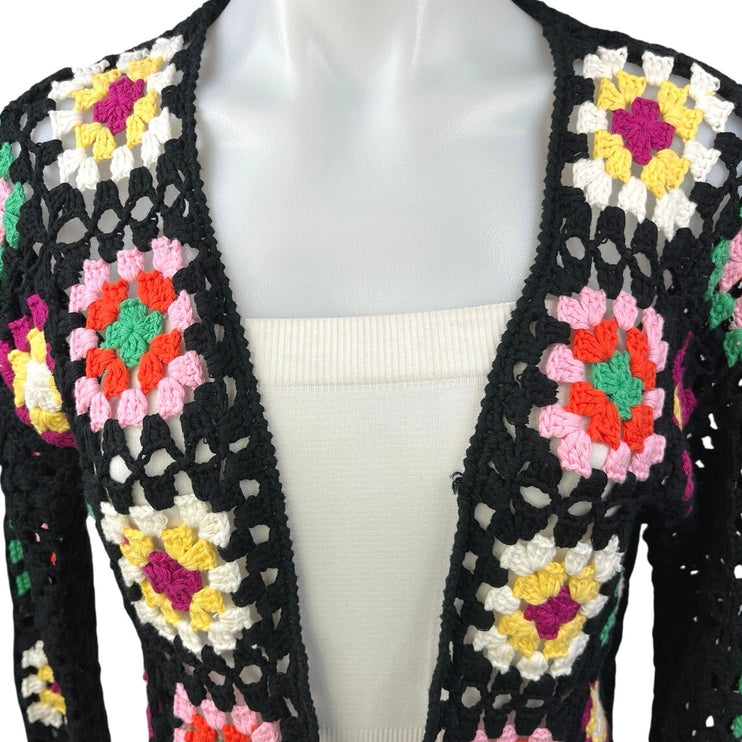 Wild Fable Black Crochet Floral Boho Granny Square Crop Cardigan Sweater Top M