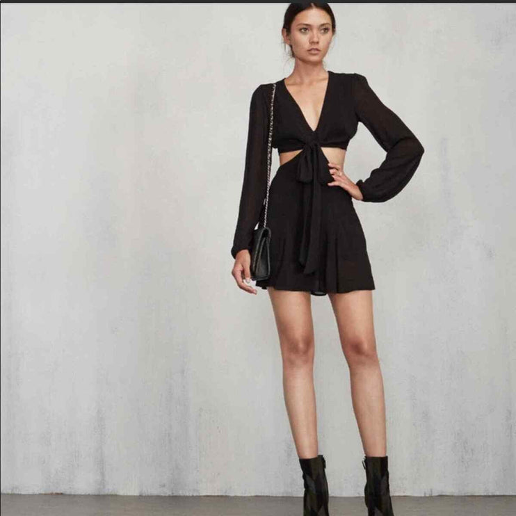 Reformation Black Cutout Plunging Neck Tie Front Puff Sleeve Mini A-line Dress 4