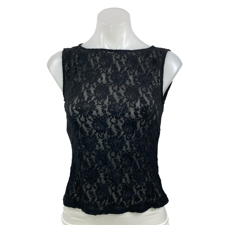 Reformation Women's Black Floral Lace Sheer Boat Neck Sleeveless Tank Crop Top S