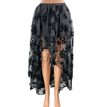 Women's Black High Waisted Floral Asymmetrical Hem Lace Mesh Hi-Low Maxi Skirt S