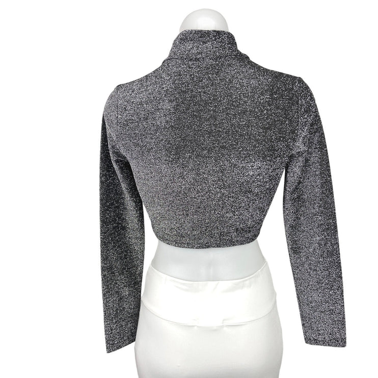 Forever 21 Gray Silver Metallic Glitter Mock Neck Long Sleeves Pullover Crop Top S