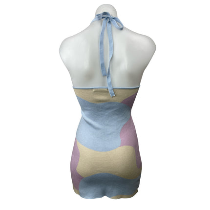 Peppermayo Multicolor Pastel Halter Sleeveless V Neck Mini Bodycon Dress Sz S/M