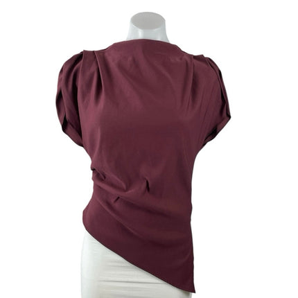 Zara Red Maroon Short Puff Sleeve Asymmetric Drape Mock Neck Blouse Top Size S