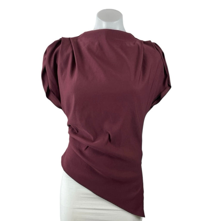 Zara Red Maroon Short Puff Sleeve Asymmetric Drape Mock Neck Blouse Top Size S