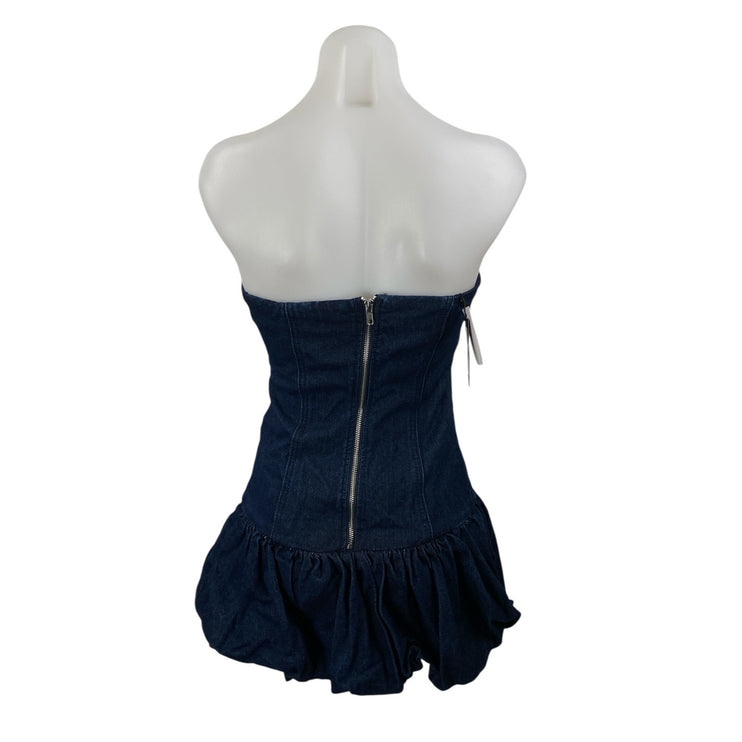 NEW PrettyLittleThing Blue Strapless Tube Bandeau Ruffle Mini Denim Jean Dress 2