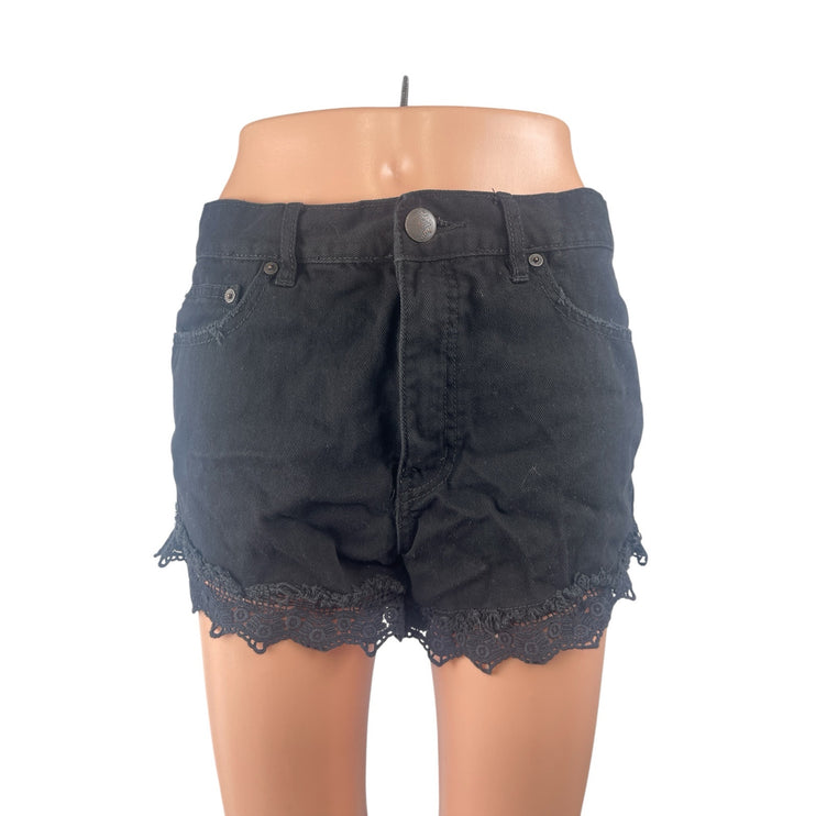 Free People Women's Black Lace Hem High Waisted Wide Leg Denim Jeans Shorts 28