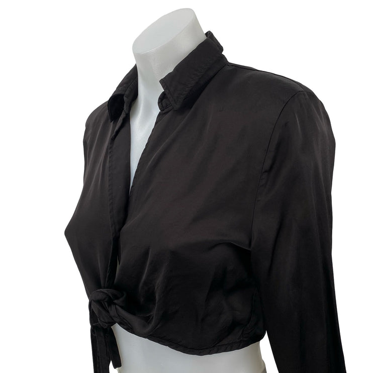 Zara Women's Black Long Sleeve Tie Hem V Neck Cropped Button Up Shirt Top Size M