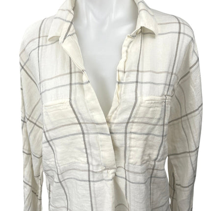 Vince Women's Cream Plaid Pocket V Neck Relaxed Long Sleeve Shirt Top Size L