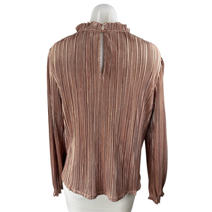 Aqua Womens Brown Ruffle Mock Neck Plisse Pleated Long Sleeve Blouse Top Size S