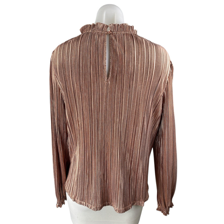 Aqua Womens Brown Ruffle Mock Neck Plisse Pleated Long Sleeve Blouse Top Size S