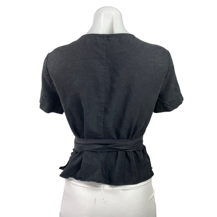 & Other Stories Womens Black Faux Wrap Short Sleeves Tie Waist Blouse Top Size 8