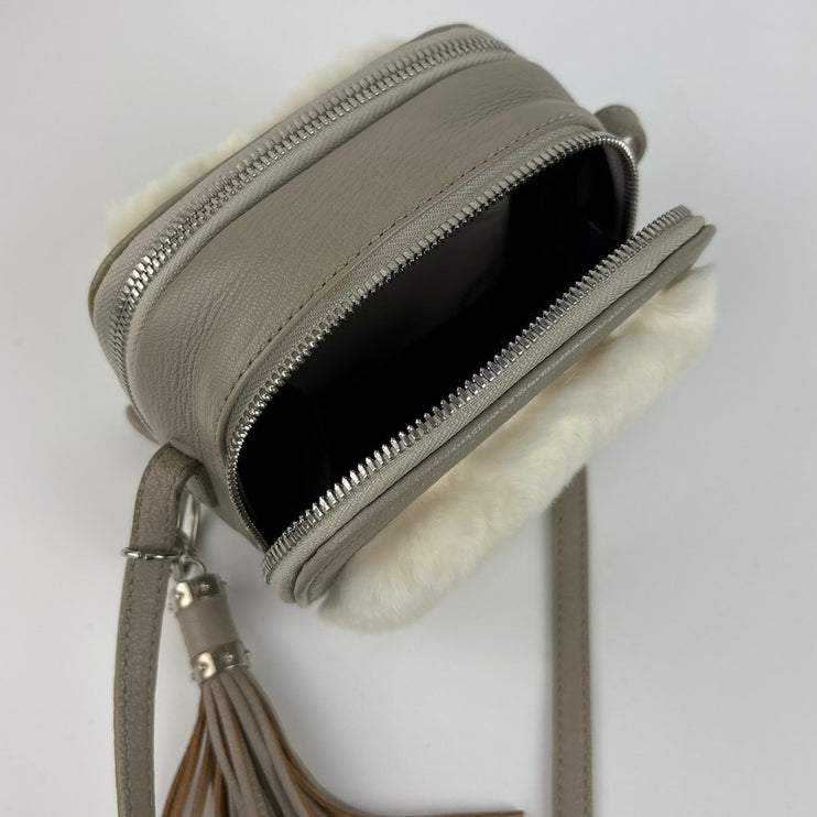 Womens Gray Leather Faux Fur Tassel Adjustable Strap Mini Purse Crossbody Bag