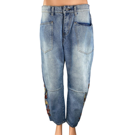 Women's Blue High Waisted Floral Embroidered Welt Pocket Barrel Denim Jeans Sz L