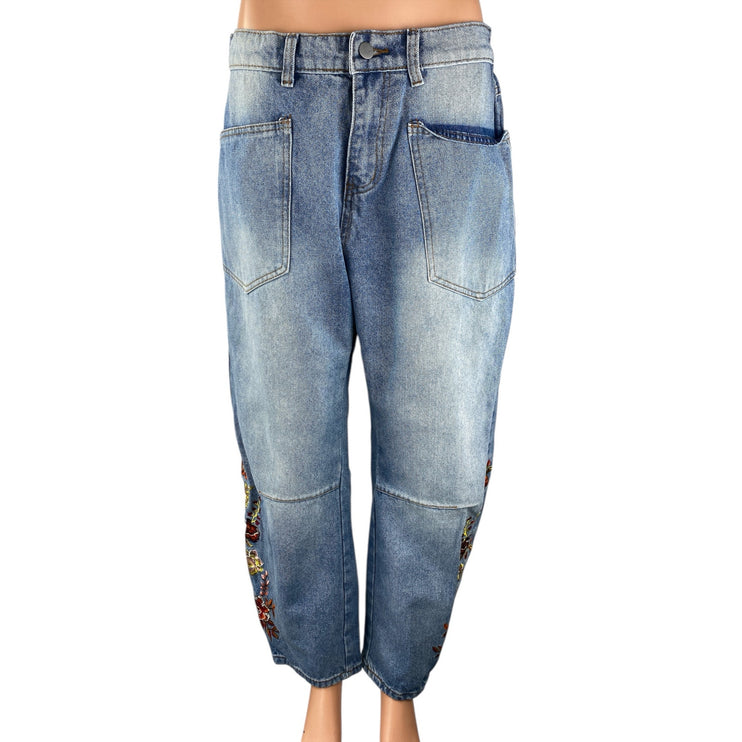 Women's Blue High Waisted Floral Embroidered Welt Pocket Barrel Denim Jeans Sz L