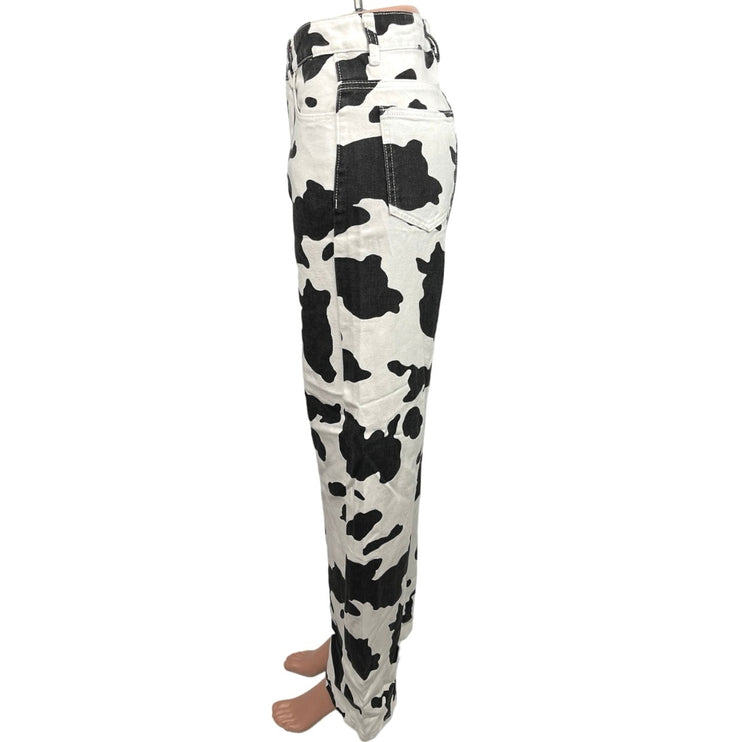 Shein Black White Cow Print High Rise Ankle Baggy Wide Leg Jeans Size XS