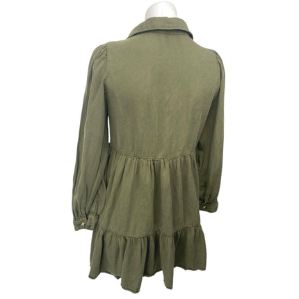 Zara Women's Green Long Sleeve Collared Tiered A Line Shirt Mini Dress Size S