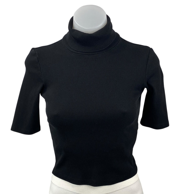 Zara Women's Black Ribbed Knit Turtleneck Half Sleeve Cropped Sweater Top Size S