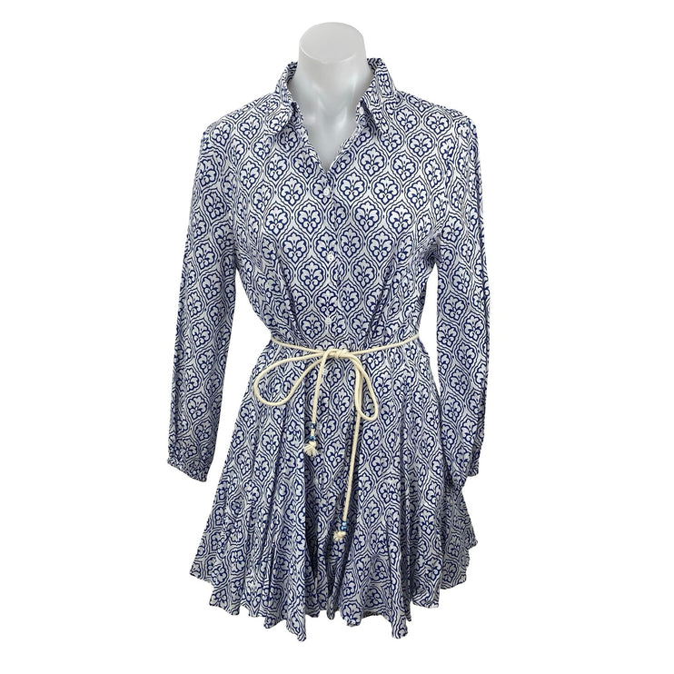 Zara Women's Geometric Long Sleeve Button Up Rope Belt Mini A-Line Shirt Dress S