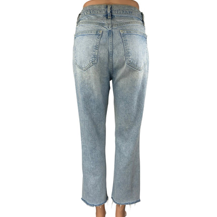 Zara Blue High Waisted Frayed Raw Hem Button Fly Straight Denim Jeans Pants Sz 6