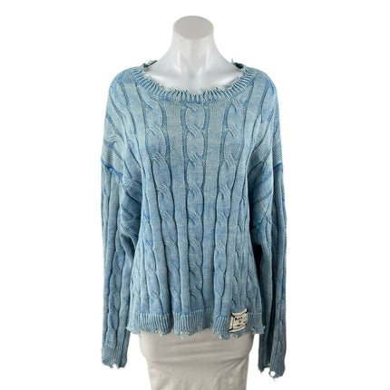 POL Women's Blue Cable Knit Distressed Long Dolman Sleeve Sweater Top Size L