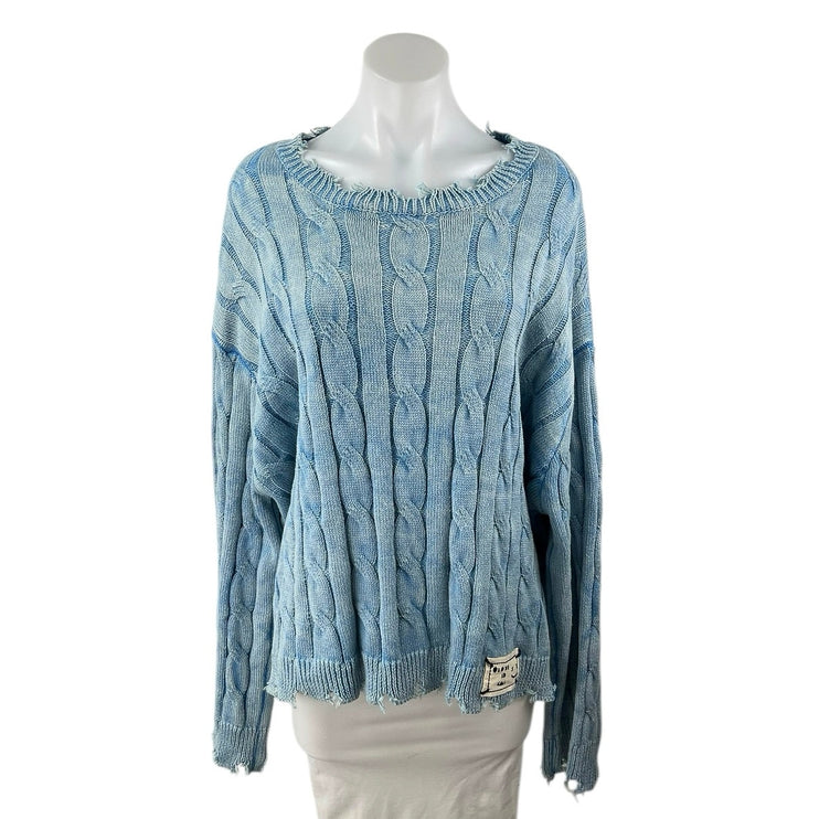 POL Women's Blue Cable Knit Distressed Long Dolman Sleeve Sweater Top Size L