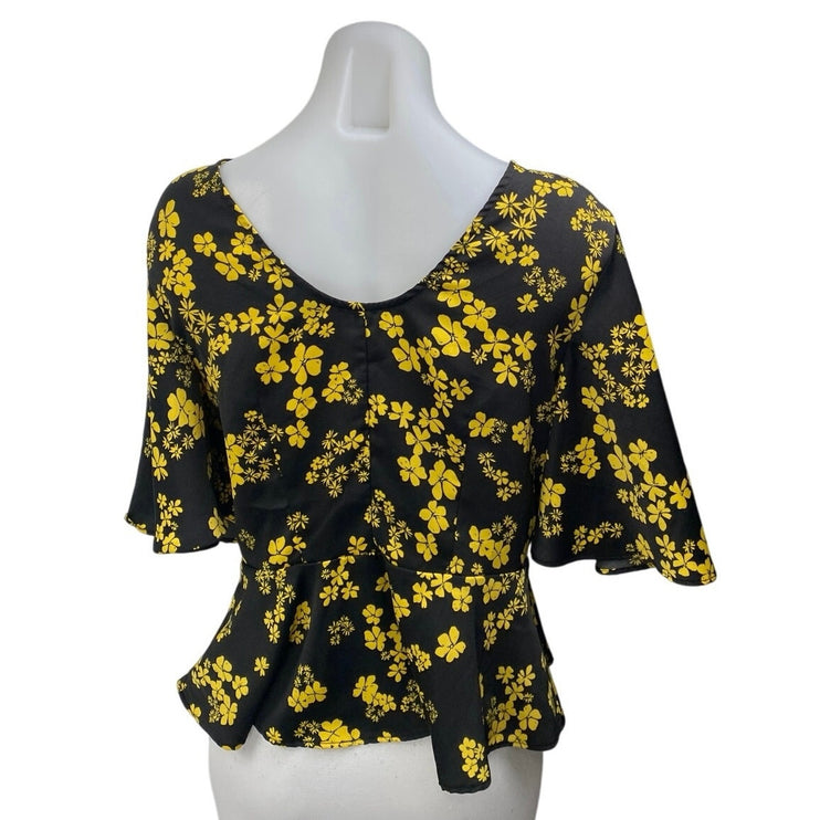 Who What Wear Women's Black Yellow Floral Short Sleeve Peplum Blouse Top Size S