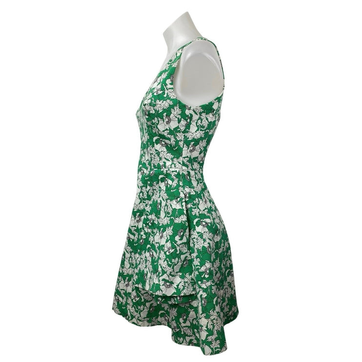 Zara Green Floral Print V-Neck Zip Sleeveless A-Line Fit & Flare Mini Dress Sz S