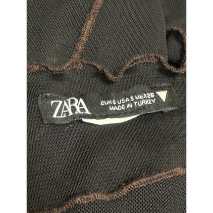 Zara Women Black Sheer Mesh Patchwork Lettuce Long Sleeve Crop Blouse Top Size S